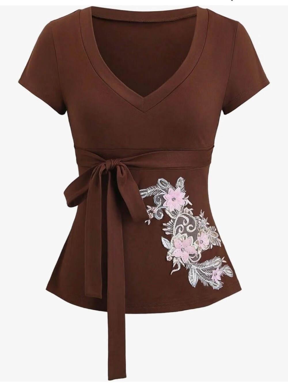 Floral Embroidery T Shirt V Neck Tie Waist Short Sleeve Fitted Tee